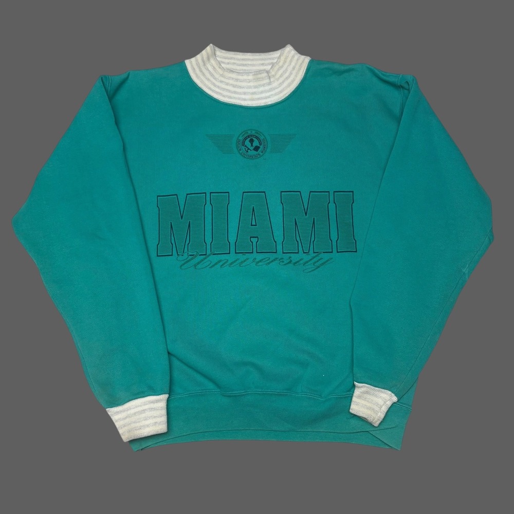 Vintage Miami University Teal Mock Neck Sweatshirt Mens L/XL Retro Sportswear